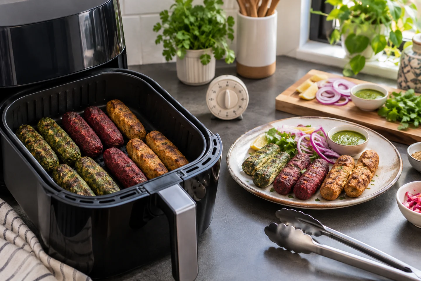 Open air fryer with mixed Indian kebabs and a finished serving plate
