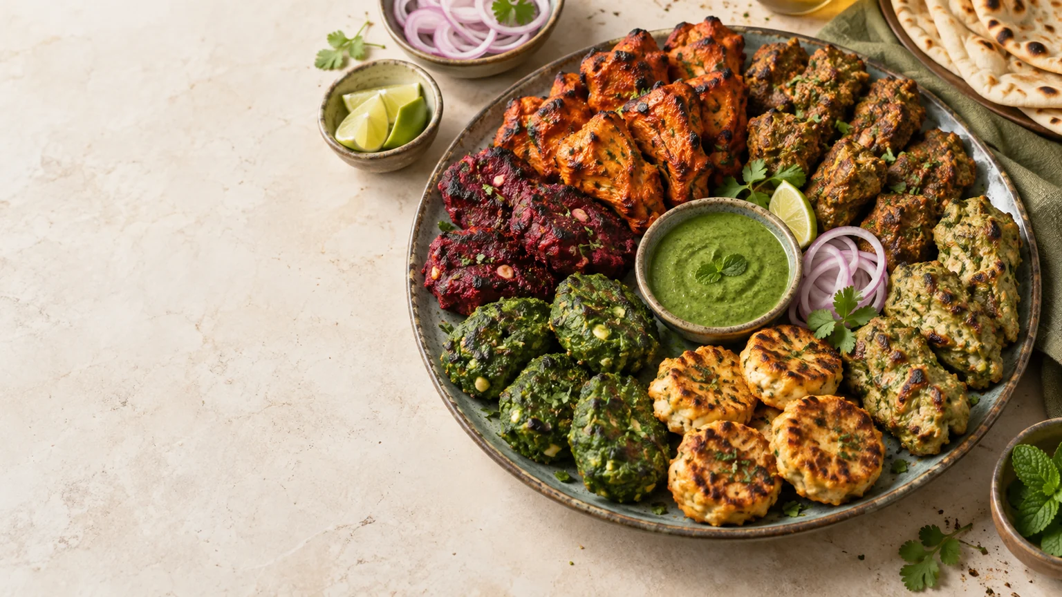 Editorial platter of assorted Indian vegetarian and chicken kebabs